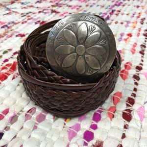 NY& Co Brown Leather Woven Belt Floral Buckle